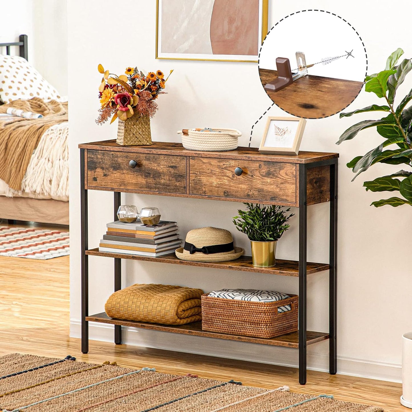 Signature Home Console Tafel met Lade en 2 Opbergplanken – Smalle Haltafel/Sidetable met Stevig Metalen Frame – 100 x 24 x 80 cm – voor Entree, Gang en Woonkamer – Vintage Bruin/Zwart