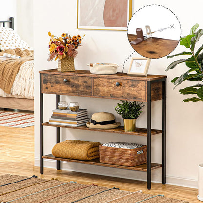 Signature Home Console Tafel met Lade en 2 Opbergplanken – Smalle Haltafel/Sidetable met Stevig Metalen Frame – 100 x 24 x 80 cm – voor Entree, Gang en Woonkamer – Vintage Bruin/Zwart
