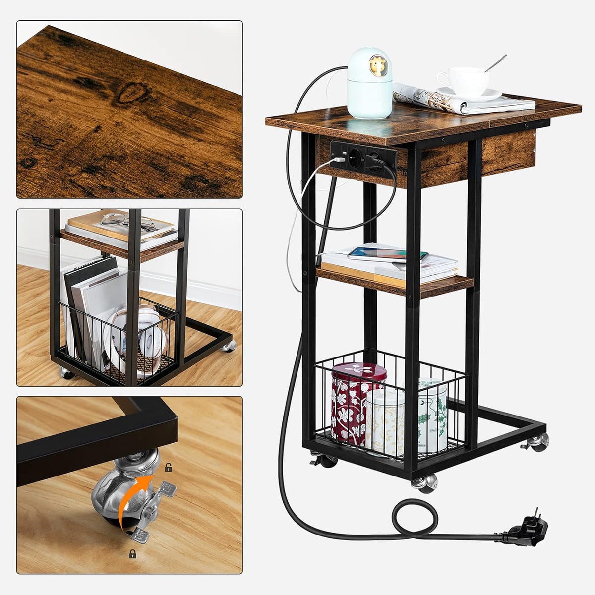 Signature Home Bijzettafel met Oplaadstation – Opklapbare C-Vormige Banktafel met Wielen en Opbergplank – Smalle Salontafel & Nachtkastje – Verrijdbare Bijzettafel voor Woonkamer en Slaapkamer – Donkerbruin