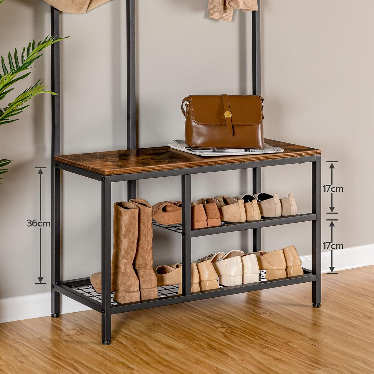 Signature Home Kapstok met Schoenenrek en Zitbank – Garderoberek met 9 Haken en 6 Opbergvakken – Schoenenbank met Opbergruimte – Staande Kapstok met Bankje – Industrieel Halmeubel voor Hal, Gang, Woonkamer en Slaapkamer – Vintage Bruin/Zwart