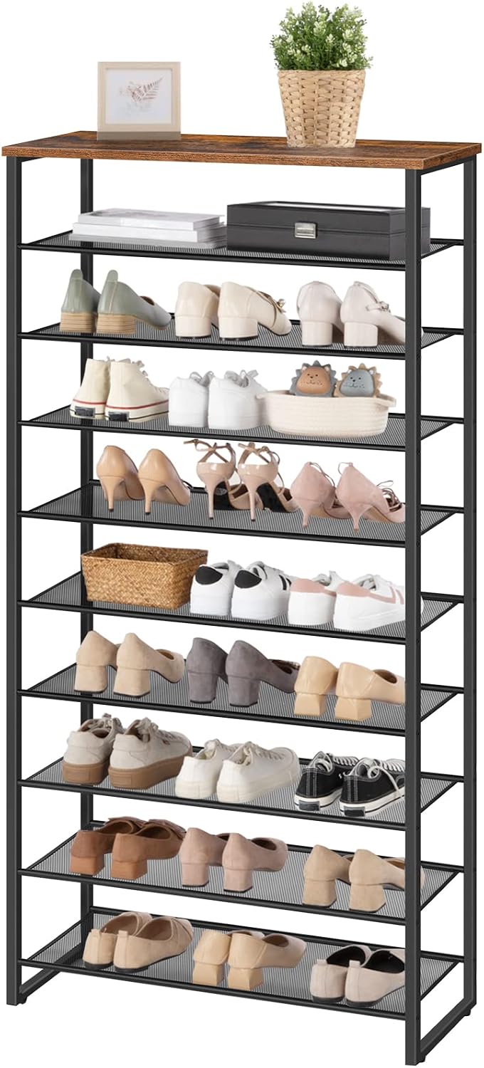Signature Home Schoenenrek 10 Laags – Hoog en Smal Schoenenrek voor 32-40 Paar Schoenen – Ruimtebesparende Schoenenopberger met Metalen Frame – voor Hal, Woonkamer en Slaapkamer – Vintage Bruin/Zwart
