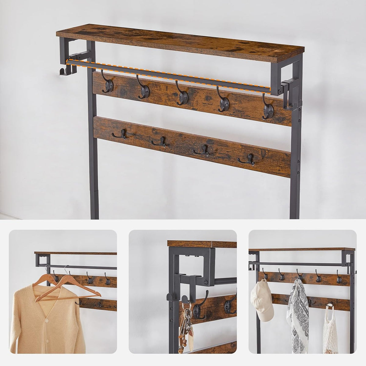 Signature Home Kapstok met Schoenenrek – 5-Laags Schoenenrek met Verstelbare Metalen Roosterplanken – Industriële Garderobe met Schoenenopslag – Stevig en Ruimtebesparend Opbergrek voor Hal, Entree en Slaapkamer – Vintage Bruin
