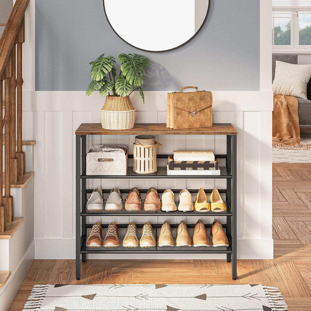 Signature Home 4-Laags Schoenenrek met 3 Verstelbare Roosterplanken – Plat of Schuin Plaatsbaar Schoenenrek – Stevig Industrieel Opbergrek voor Hal, Entree en Slaapkamer – Vintage Bruin