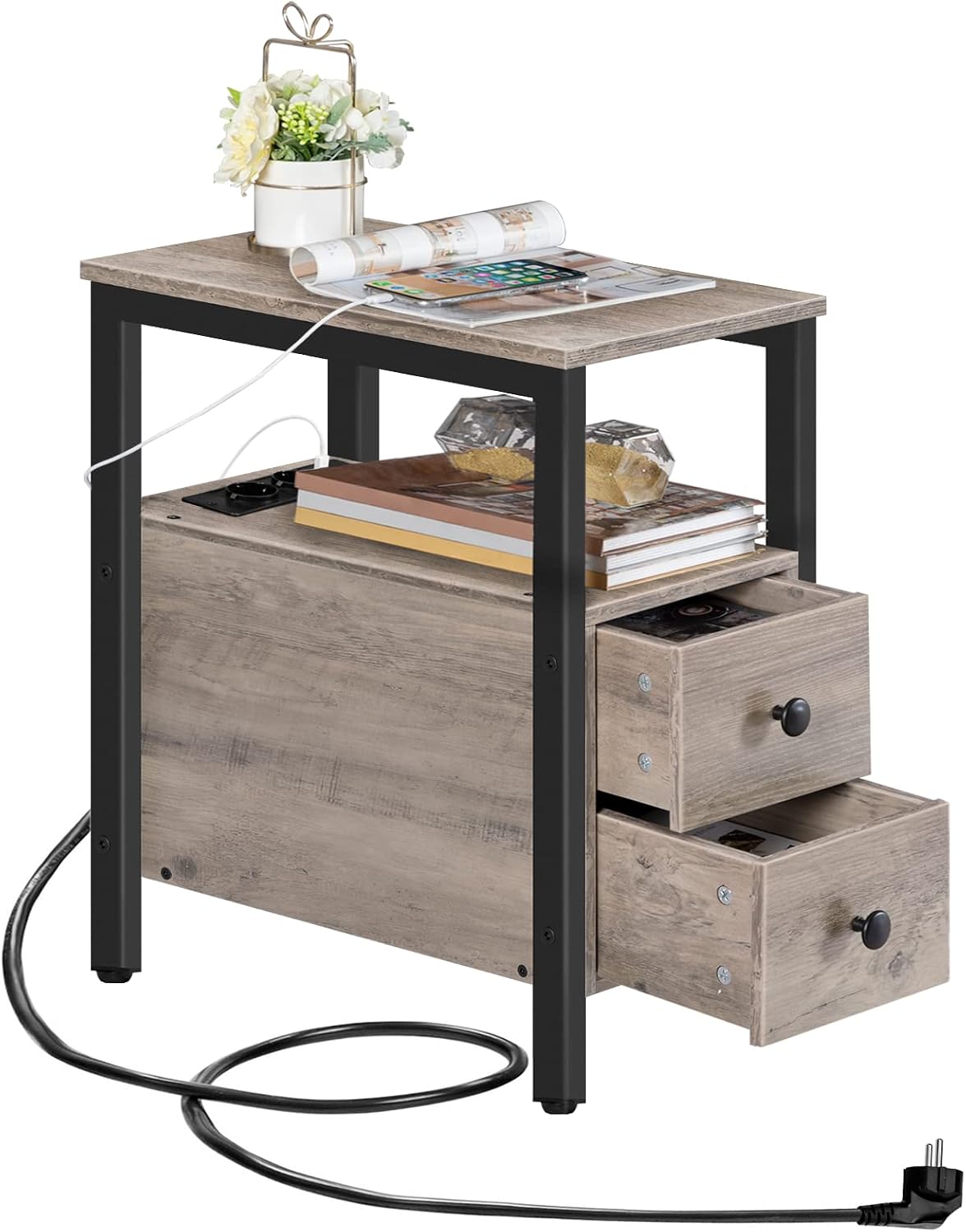 Signature Home Bijzettafel met Oplaadstation – Smalle Banktafel met 2 Laden, USB-Poort & Stopcontact – Nachtkastje met Opbergruimte voor Kleine Ruimtes – Woonkamer & Slaapkamer – Greige