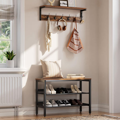 Signature Home Wandkapstok met 7 Haken en Opbergplank – Industriële Kapstok Wandmontage – Kapstok met Wandrek en Legplank – Ruimtebesparende Garderobe voor Hal, Entree, Woonkamer en Keuken – Donkerbruin/Zwart
