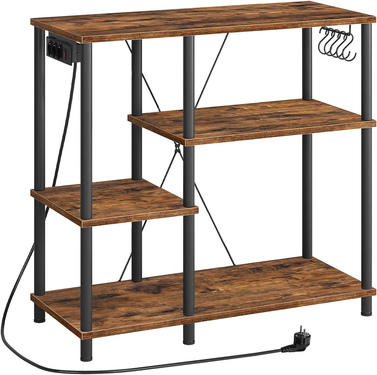Signature Home Keukenrek met Stopcontacten – Magnetronrek met 5 S-Haken – Staand Keuken Opbergrek met Planken – Bakkersrek en Magnetronstandaard – Industrieel Keukenmeubel voor Keuken en Woonkamer – 38 x 90 x 86 cm – Vintage Bruin/Zwart
