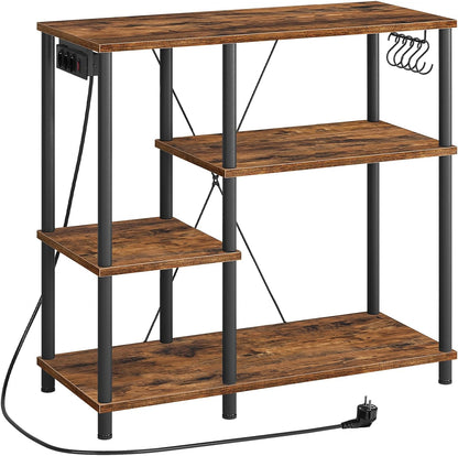 Signature Home Keukenrek met Stopcontacten – Magnetronrek met 5 S-Haken – Staand Keuken Opbergrek met Planken – Bakkersrek en Magnetronstandaard – Industrieel Keukenmeubel voor Keuken en Woonkamer – 38 x 90 x 86 cm – Vintage Bruin/Zwart