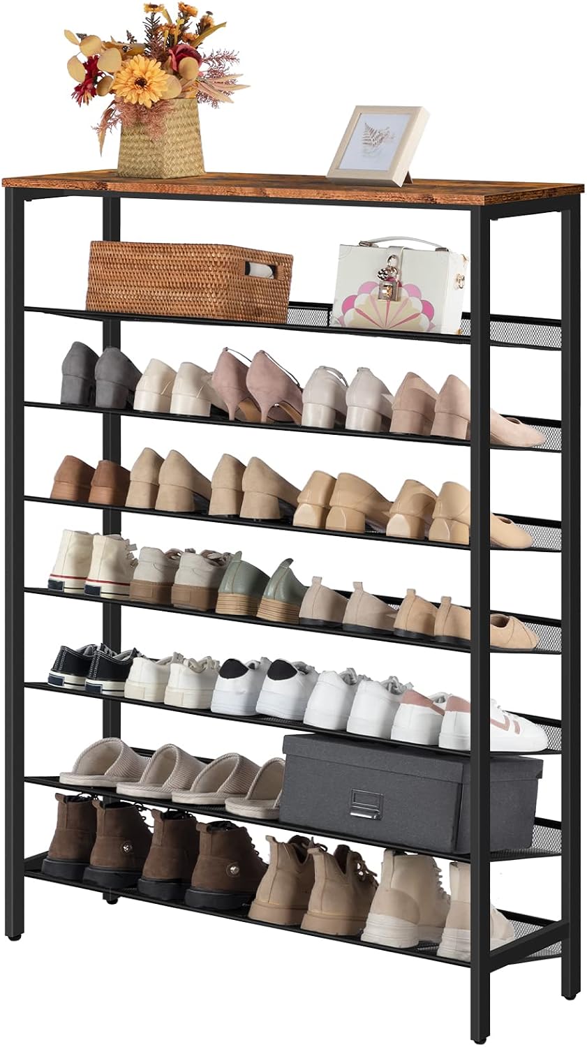 Signature Home Schoenenrek 8 Laags – Hoge Smalle Schoenenkast voor 32-40 Paar Schoenen – Verstelbare Rechte & Schuine Metalen Planken – 100 x 30 x 137 cm – Schoenenopberger voor Hal en Entree – Donkerbruin/Zwart