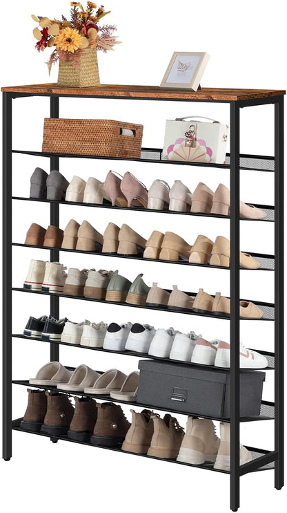 Signature Home Schoenenrek 8 Laags – Hoge Smalle Schoenenkast voor 32-40 Paar Schoenen – Verstelbare Rechte & Schuine Metalen Planken – 100 x 30 x 137 cm – Schoenenopberger voor Hal en Entree – Donkerbruin/Zwart