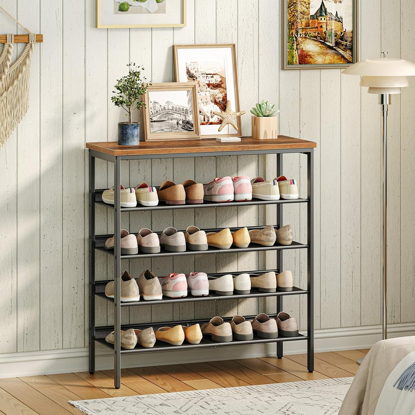 Signature Home Schoenenrek 5-Laags – Schoenenkast met Verstelbare Metalen Gaasplanken en Ruim Bovenblad – Voor 16–20 Paar Schoenen – Voor Entree en Gang – Industrieel Design – Vintage Bruin/Zwart