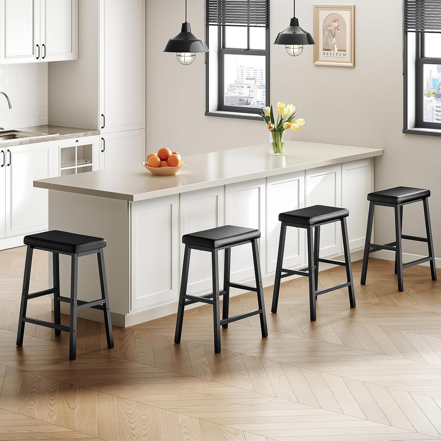 Signature Home Set van 2 Barkrukken – Zwarte Barstoelen met PU-Leren Zitting, Comfortabel Gevoerd & Eenvoudig te Monteren voor Keuken, Bar en Eetkamer