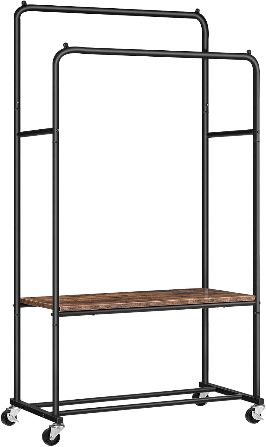 Signature Home Kledingrek op Wielen – Verrijdbaar Garderoberek met 2 Kledingstangen en Opbergplank – Zwaar Belastbaar Kledingrek tot 100 kg – Industrieel Kapstokrek voor Slaapkamer, Hal en Garderobe – Donker