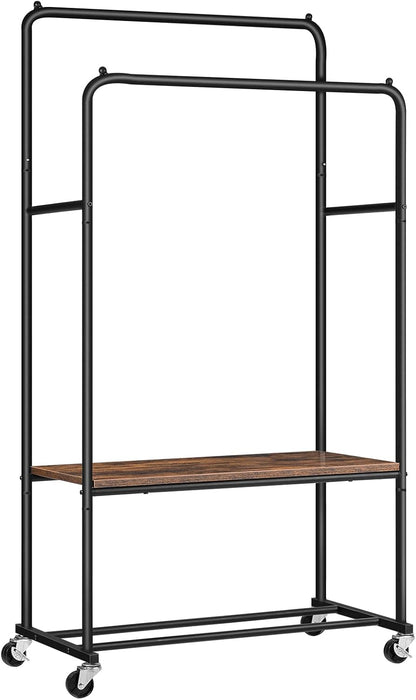 Signature Home Kledingrek op Wielen – Verrijdbaar Garderoberek met 2 Kledingstangen en Opbergplank – Zwaar Belastbaar Kledingrek tot 100 kg – Industrieel Kapstokrek voor Slaapkamer, Hal en Garderobe – Donker