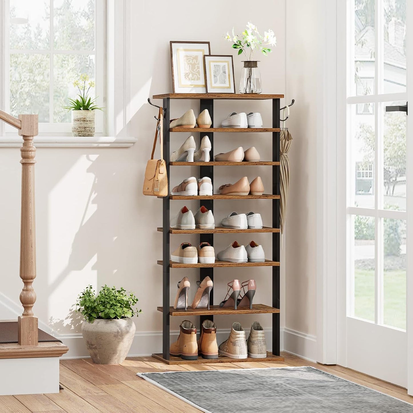 Signature Home Schoenenrek 8 Laags – Smal Schoenenrek 50 cm met 2 Haken – Ruimtebesparende Schoenenkast – Stevig Opbergrek voor Hal, Entree, Woonkamer en Slaapkamer