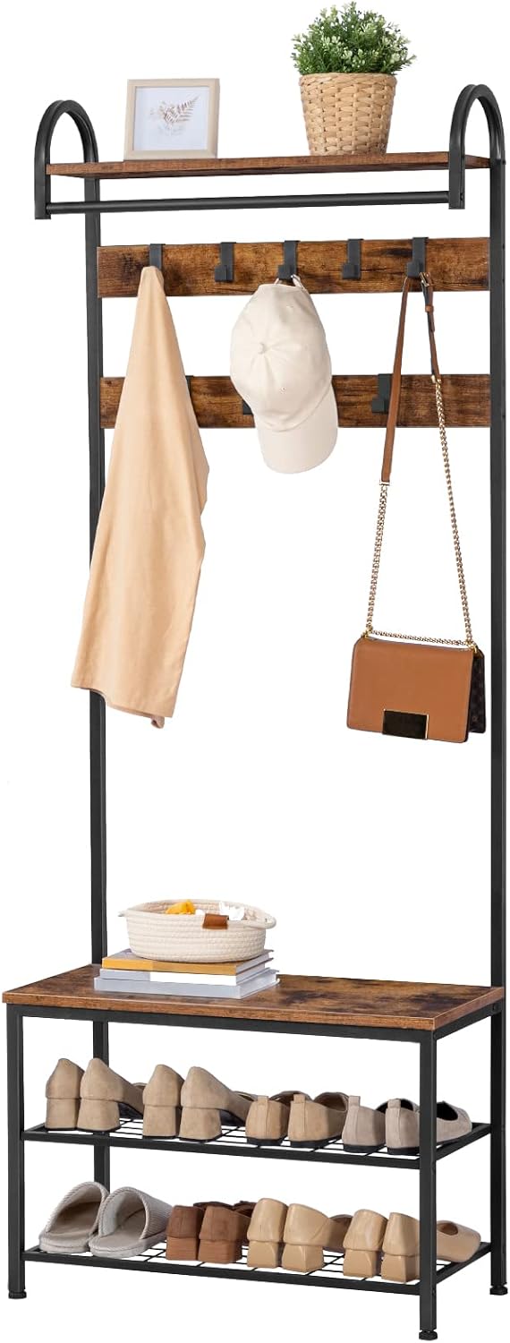 Signature Home Kapstok met Schoenenrek en Zitbank – Garderoberek met 9 Haken en Kledingstang – Staande Kapstok met Schoenenbank – Metalen Frame – 182 cm Hoog – Voor Hal, Gang en Slaapkamer – Vintage Bruin/Zwart