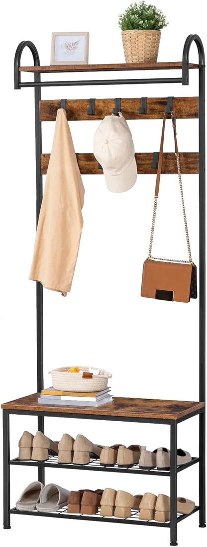 Signature Home Kapstok met Schoenenrek en Zitbank – Garderoberek met 9 Haken en Kledingstang – Staande Kapstok met Schoenenbank – Metalen Frame – 182 cm Hoog – Voor Hal, Gang en Slaapkamer – Vintage Bruin/Zwart