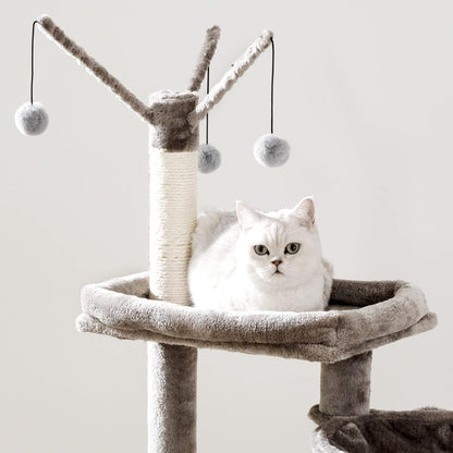 Signaature Home Kattenkrabpaal met Kattenbakmeubel 2-in-1 – 150 cm Hoge Kattenboom met Verborgen Kattenbak, Sisalpalen, Uitneembare Pluche Bal en Kast – Greige