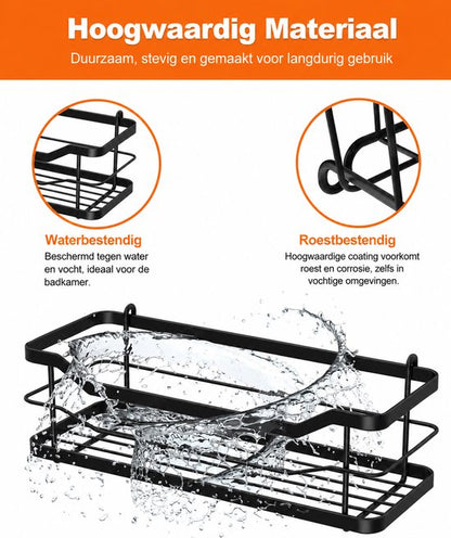 Signature Home Hangend Doucherek Zonder Boren - Verstelbaar Doucherek 3 Laags - Shampoohouder voor Douche - Badkamerrek voor Glazen Douchewand - RVS - Zwart