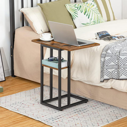 Signature Home C-Vormige Bijzettafel – Opvouwbare Sofa Tafel met Opbergplank – Smalle Salontafel & Snacktafel – Bedtafel voor Woonkamer en Slaapkamer – Ruimtebesparend Design