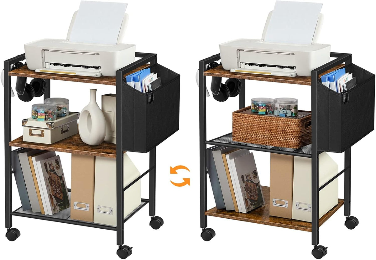 Signature Home Printertafel op Wielen – Verrijdbare Printerstandaard met 3 Niveaus – Printerkast met Verstelbare Planken en Documentenmand – Mobiele Printerwagen met Opbergruimte voor Kantoor en Thuis – 52 x 40 x 80,5 cm