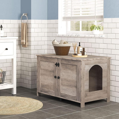 Signature Home Kattenbak Meubel met Deur en Scheidingswand – Kattenbak Kast & Kattenhuis – Stevige Kattenkast met Opbergruimte – Kattenbak Ombouw, Opbergbank & Nachtkastje – Greige
