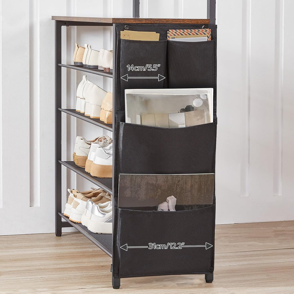 Signature Home Kapstok met Schoenenrek – 5-Laags Schoenenrek met Verstelbare Metalen Roosterplanken – Industriële Garderobe met Schoenenopslag – Stevig en Ruimtebesparend Opbergrek voor Hal, Entree en Slaapkamer – Vintage Bruin