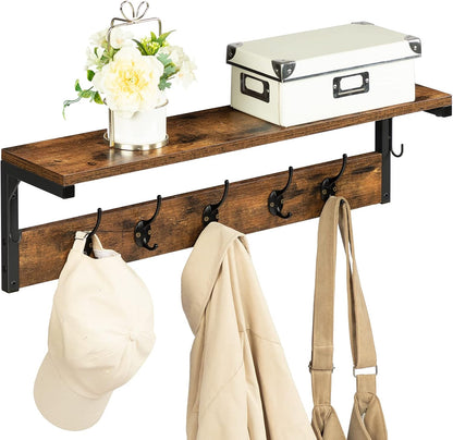 Signature Home Wandkapstok met 7 Haken en Opbergplank – Industriële Kapstok Wandmontage – Kapstok met Wandrek en Legplank – Ruimtebesparende Garderobe voor Hal, Entree, Woonkamer en Keuken – Donkerbruin/Zwart