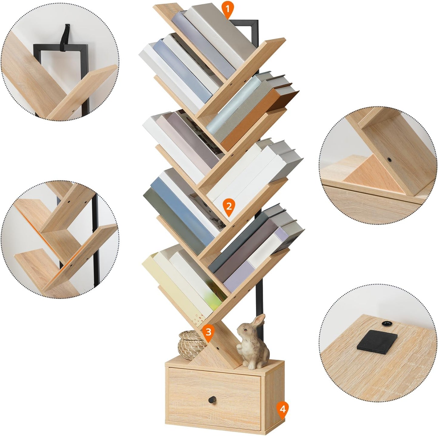 Signature Home 9-Laags Boekenkast met Lade – Vrijstaande Boomvormige Boekenkast, DVD- en Opbergrek voor Woonkamer, Slaapkamer en Kantoor – Naturel Hout & Zwart**