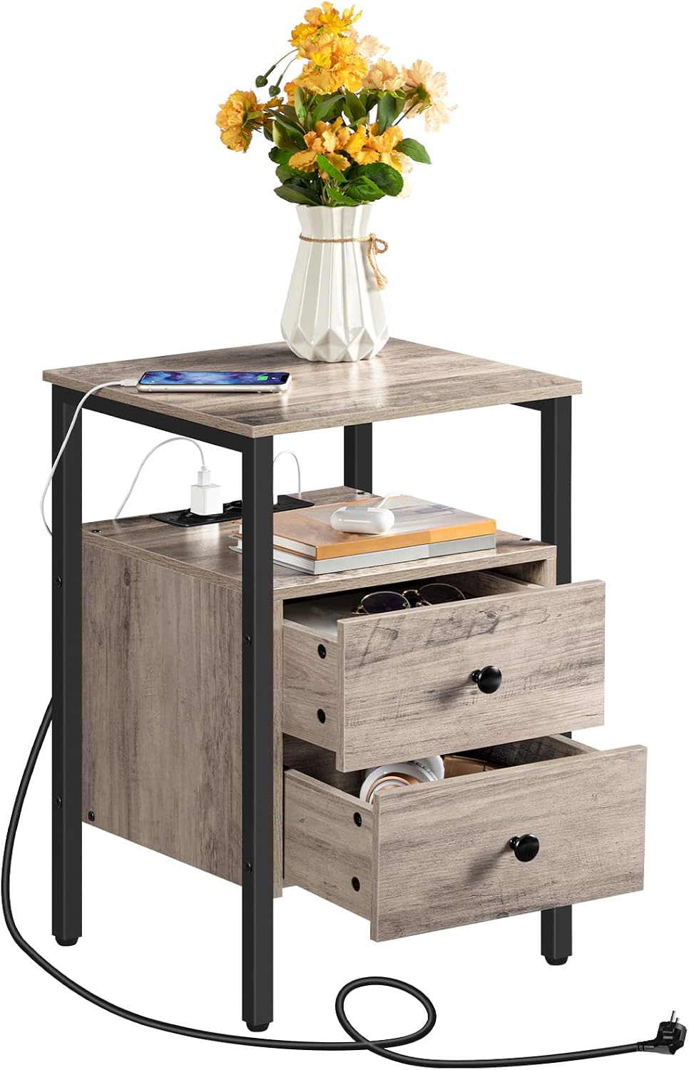 Signature Home Nachtkastje met Stopcontacten en USB-Poorten – Bijzettafel met Lade en Opbergplank – Smalle Sidetable & Salontafel met Oplaadstation – Ruimtebesparend voor Slaapkamer en Woonkamer – Eenvoudig te Monteren
