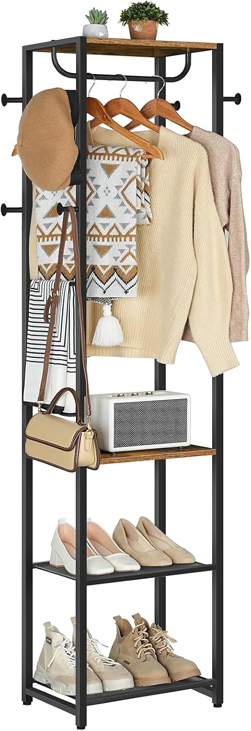 Signature Home Kapstok met Schoenenrek – Multifunctioneel Kledingrek met Schoenenopberger en Opbergrekken – Vintage Bruin/Zwart