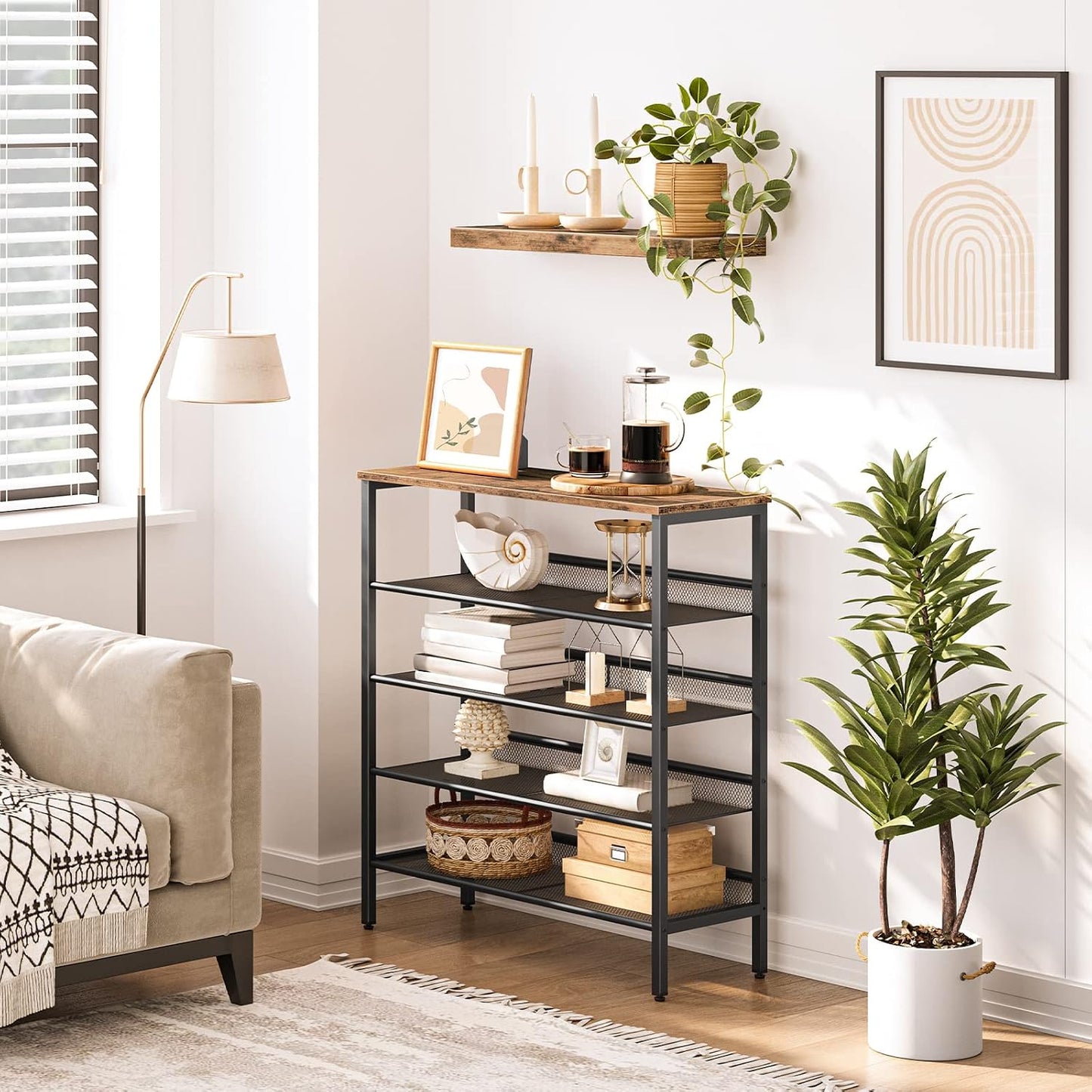 Signature Home Schoenenrek 5 Laags – Verstelbare Schoenenbank met Vlakke en Kantelbare Planken – Stevig Metalen Schoenenrek – Industrieel Schoenenrek voor Hal, Entree, Gang en Slaapkamer
