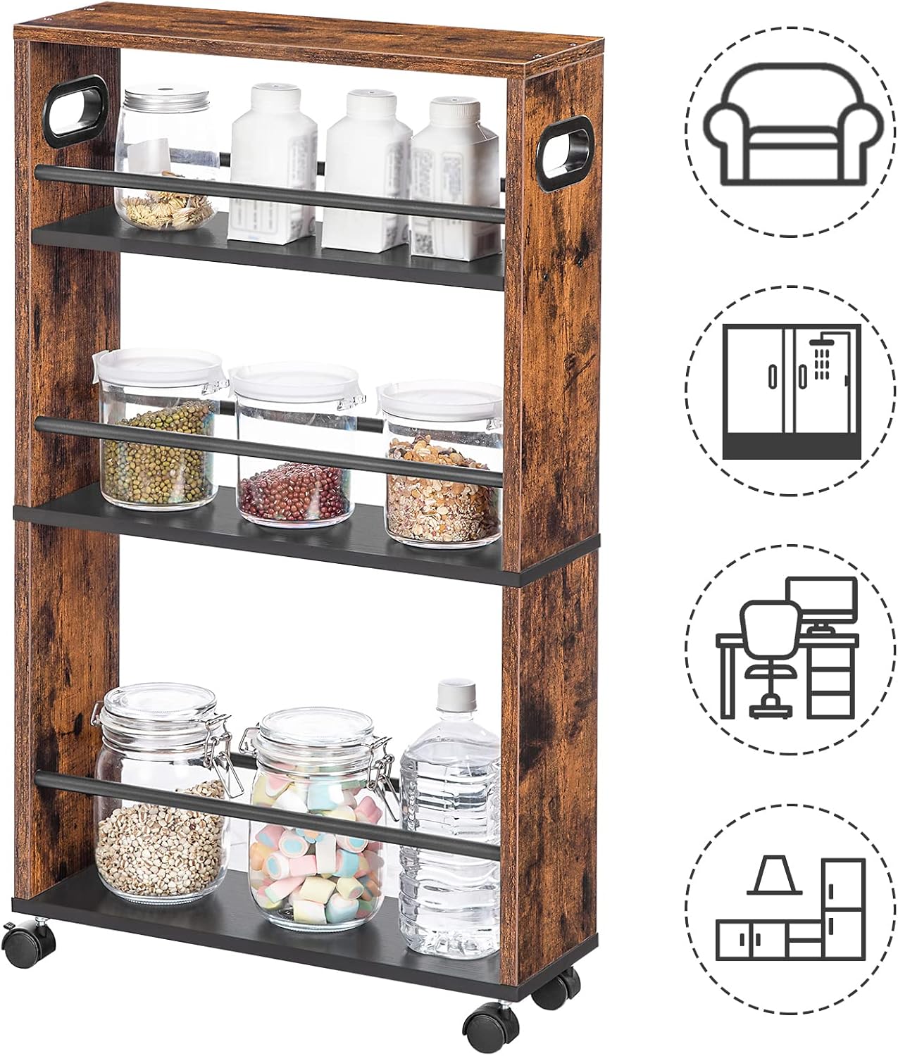 Signature Home Smalle Keukentrolley 4-Laags – Verrijdbare Serveerwagen 45 x 15 x 80 cm – Keukenrek met 360° Draaibare Wielen en Opstaande Randen – Opbergtrolley voor Keuken, Badkamer & Woonkamer – Donkerbruin