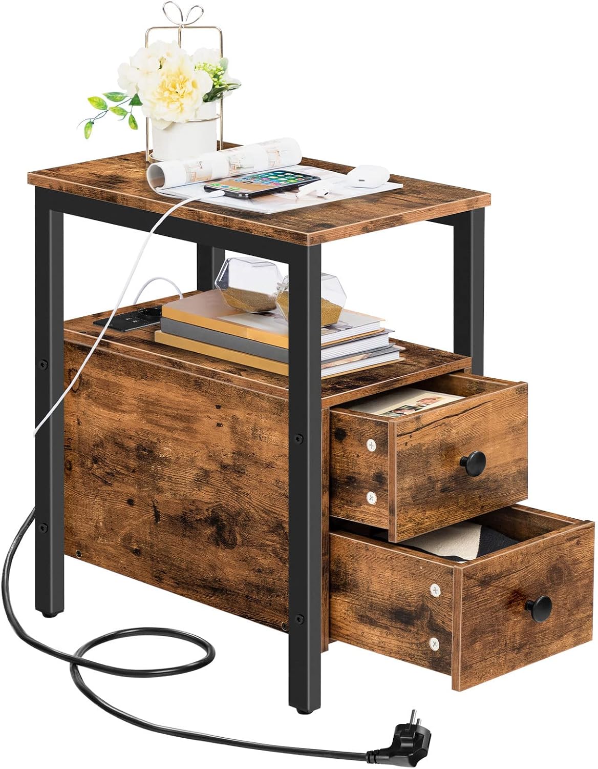 Signature Home Bijzettafel met Oplaadstation – Smalle Banktafel met 2 Laden, USB-Poort & Stopcontact – Nachtkastje voor Kleine Ruimtes – Stevig en Stabiel – Woonkamer & Slaapkamer – Donkerbruin