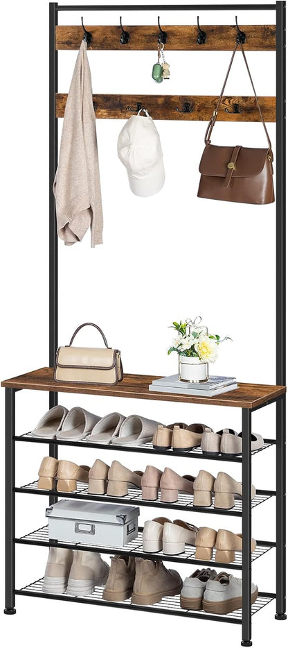Signature Home Kapstok met Schoenenrek 5 Niveaus – Kledingrek met Garderobe, Vrijstaande Kapstok voor Hal, Entree en Gang, Industrieel Design, Donkerbruin/Zwart