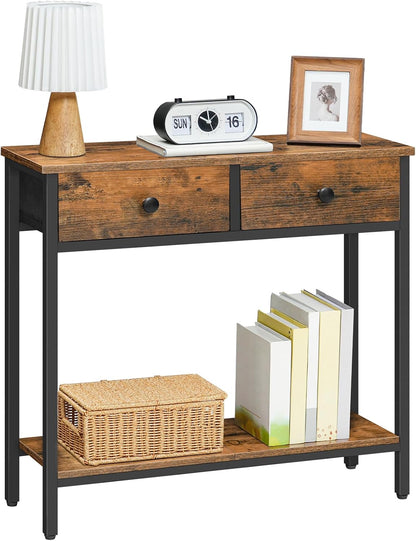 Signature Home Sidetable met 2 Stoffen Lades – Smalle Consoletafel 75 cm – Industriële Haltafel en Wandtafel – Opbergtafel voor Hal, Entree, Woonkamer en Slaapkamer – Vintage Bruin/Zwart