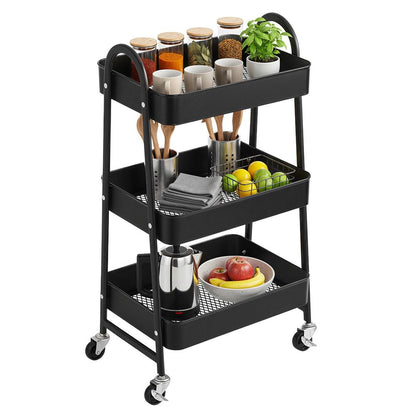 Metalen 3-Laags Trolley op Wielen – Multifunctionele Serveerkar voor Slaapkamer en Huishouding