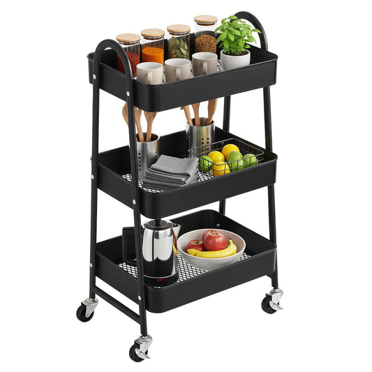 Metalen 3-Laags Trolley op Wielen – Multifunctionele Serveerkar voor Slaapkamer en Huishouding
