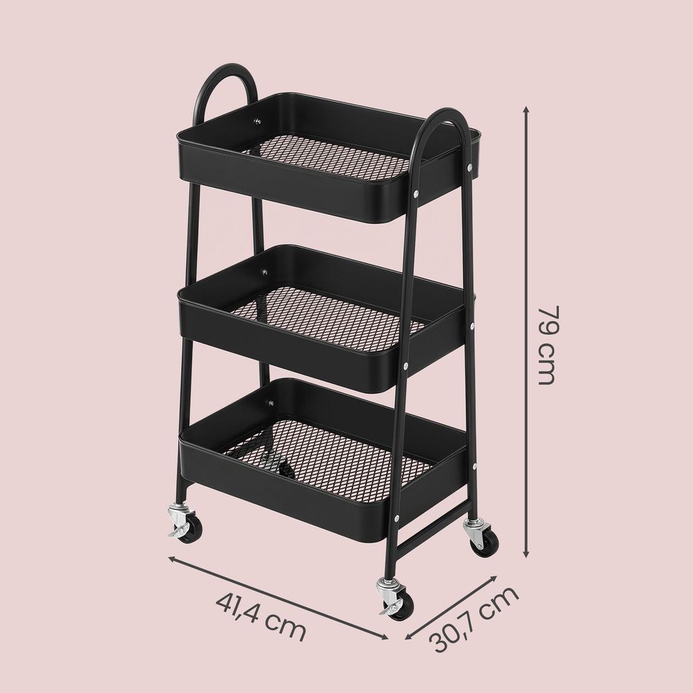 Metalen 3-Laags Trolley op Wielen – Multifunctionele Serveerkar voor Slaapkamer en Huishouding