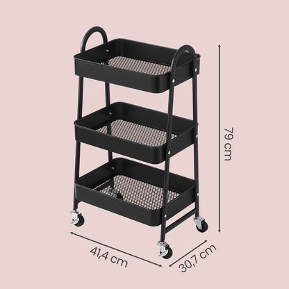 Metalen 3-Laags Trolley op Wielen – Multifunctionele Serveerkar voor Slaapkamer en Huishouding