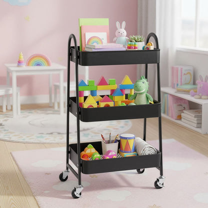 Metalen 3-Laags Trolley op Wielen – Multifunctionele Serveerkar voor Slaapkamer en Huishouding