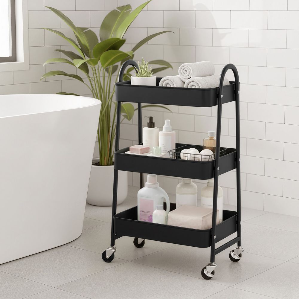 Metalen 3-Laags Trolley op Wielen – Multifunctionele Serveerkar voor Slaapkamer en Huishouding