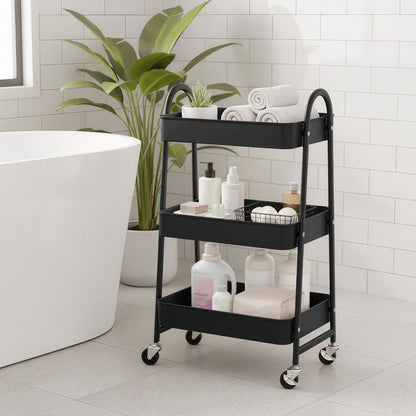 Metalen 3-Laags Trolley op Wielen – Multifunctionele Serveerkar voor Slaapkamer en Huishouding