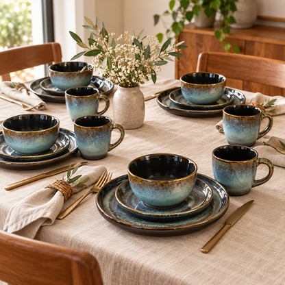 Signature Home 16-delige keramische serviesset – Blauwgroen