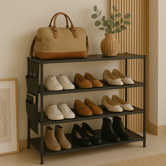 Schoenenrek - Schoenkast - Schoenenrek 4 niveau's met organizer - 16-20 paar Schoenen - Metaal - Hal - Woonkamer - Zwart