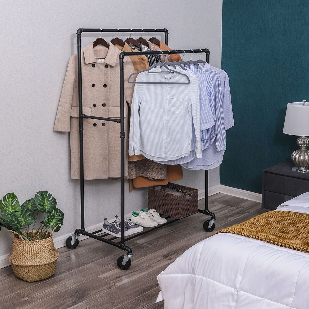 Signature Home Dubbele Kledingstang Industrieel – Waterpijp Stijl Kledingrek met 2 Hangstangen