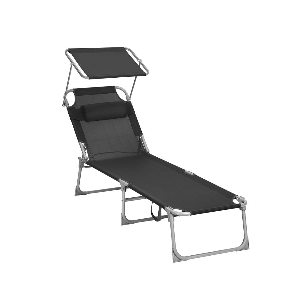 Signature Home Zonneligbed Zwart met Hoofdsteun en Zonnedak – Opvouwbare Ligstoel, Verstelbaar & Comfortabel voor Tuin, Strand en Camping