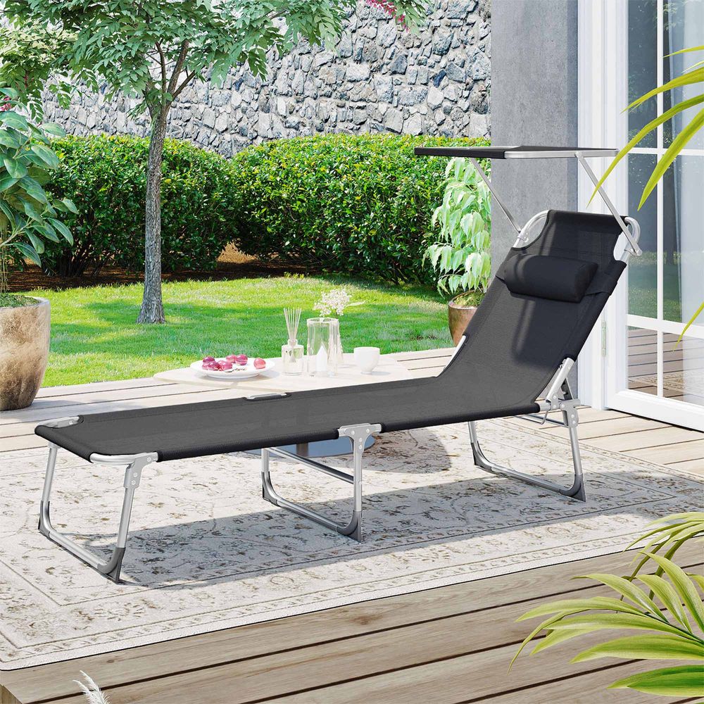 Signature Home Zonneligbed Zwart met Hoofdsteun en Zonnedak – Opvouwbare Ligstoel, Verstelbaar & Comfortabel voor Tuin, Strand en Camping