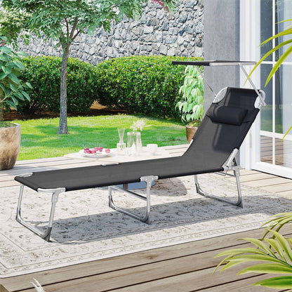 Signature Home Zonneligbed Zwart met Hoofdsteun en Zonnedak – Opvouwbare Ligstoel, Verstelbaar & Comfortabel voor Tuin, Strand en Camping