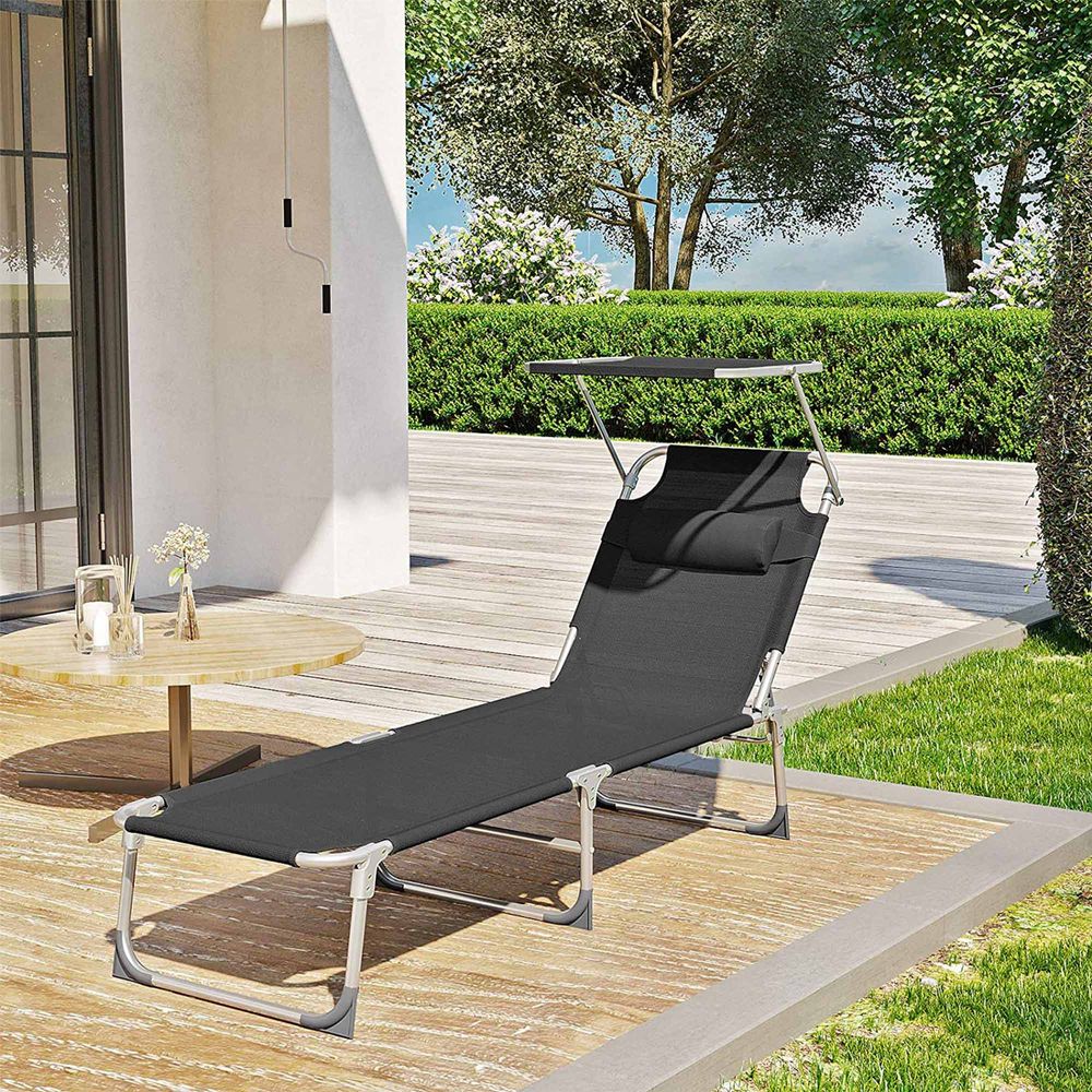 Signature Home Zonneligbed Zwart met Hoofdsteun en Zonnedak – Opvouwbare Ligstoel, Verstelbaar & Comfortabel voor Tuin, Strand en Camping