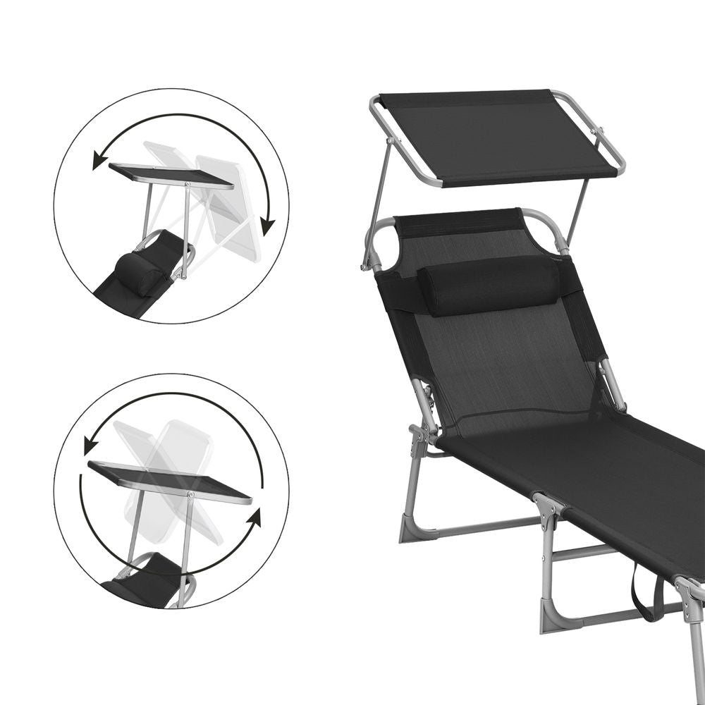 Signature Home Zonneligbed Zwart met Hoofdsteun en Zonnedak – Opvouwbare Ligstoel, Verstelbaar & Comfortabel voor Tuin, Strand en Camping